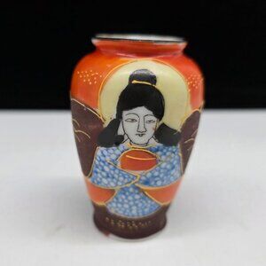 Hand-Painted Japanese Miniature Porcelain Vase With Geisha Design 3" Tall
